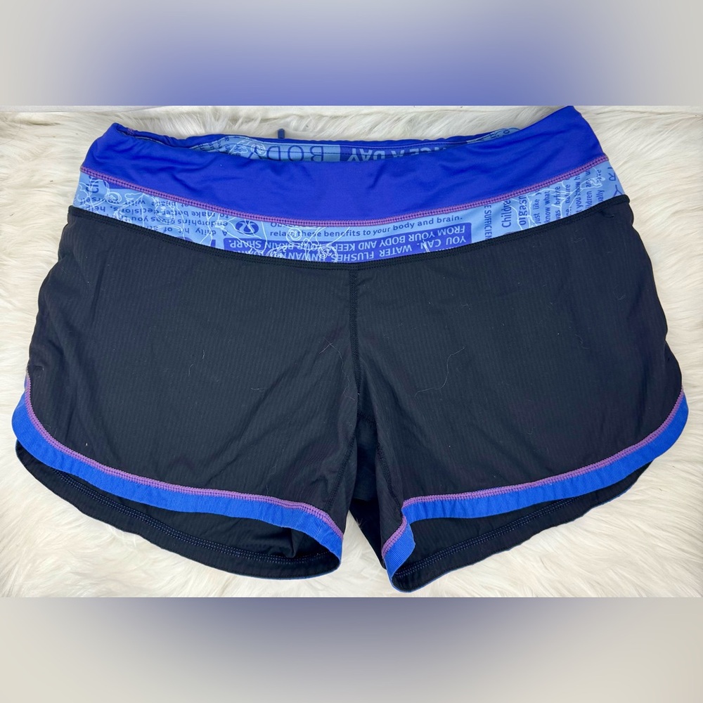 Lululemon Speed Up Shorts wet dry warm Black Purple with graphic details Size 6
